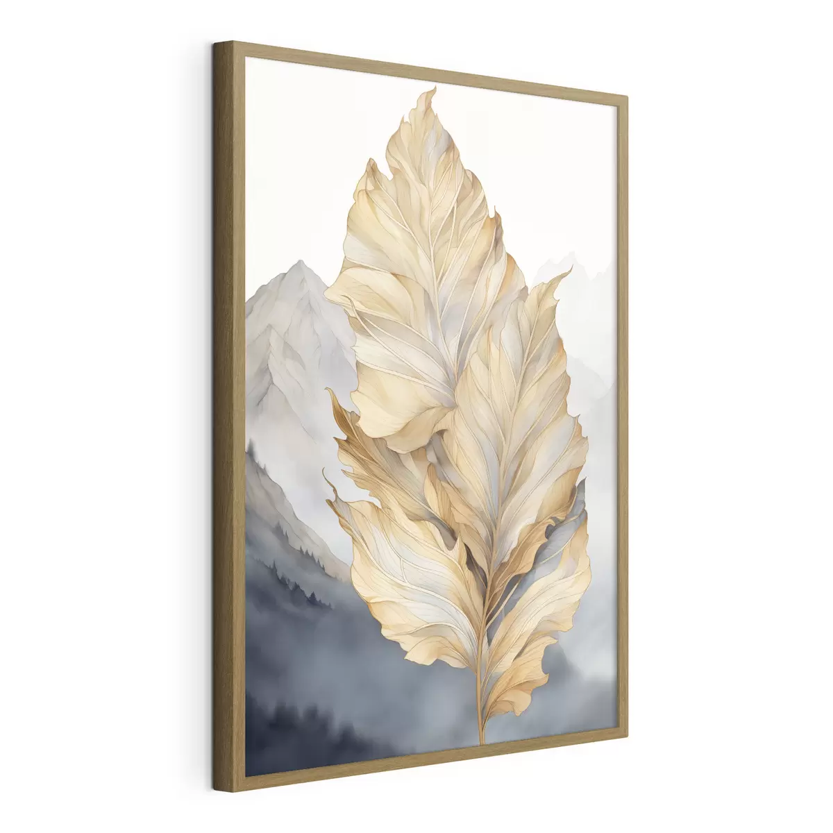 Poster Abstracte grote, gele en bruine bladeren met ingewikkelde details, tegen een berglandschap f47022