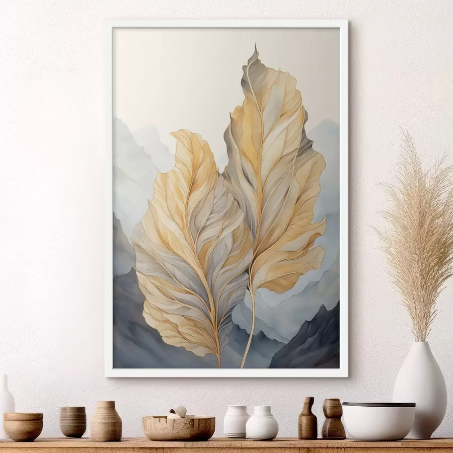 Fotobehang Abstracte grote, gele en bruine bladeren met ingewikkelde details, tegen een berglandschap f47023