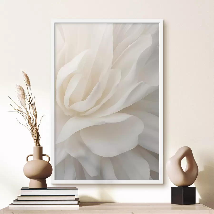 Fotobehang Abstracte witte bloem met delicate, gelaagde bloemblaadjes, minimalistische kunst f47024