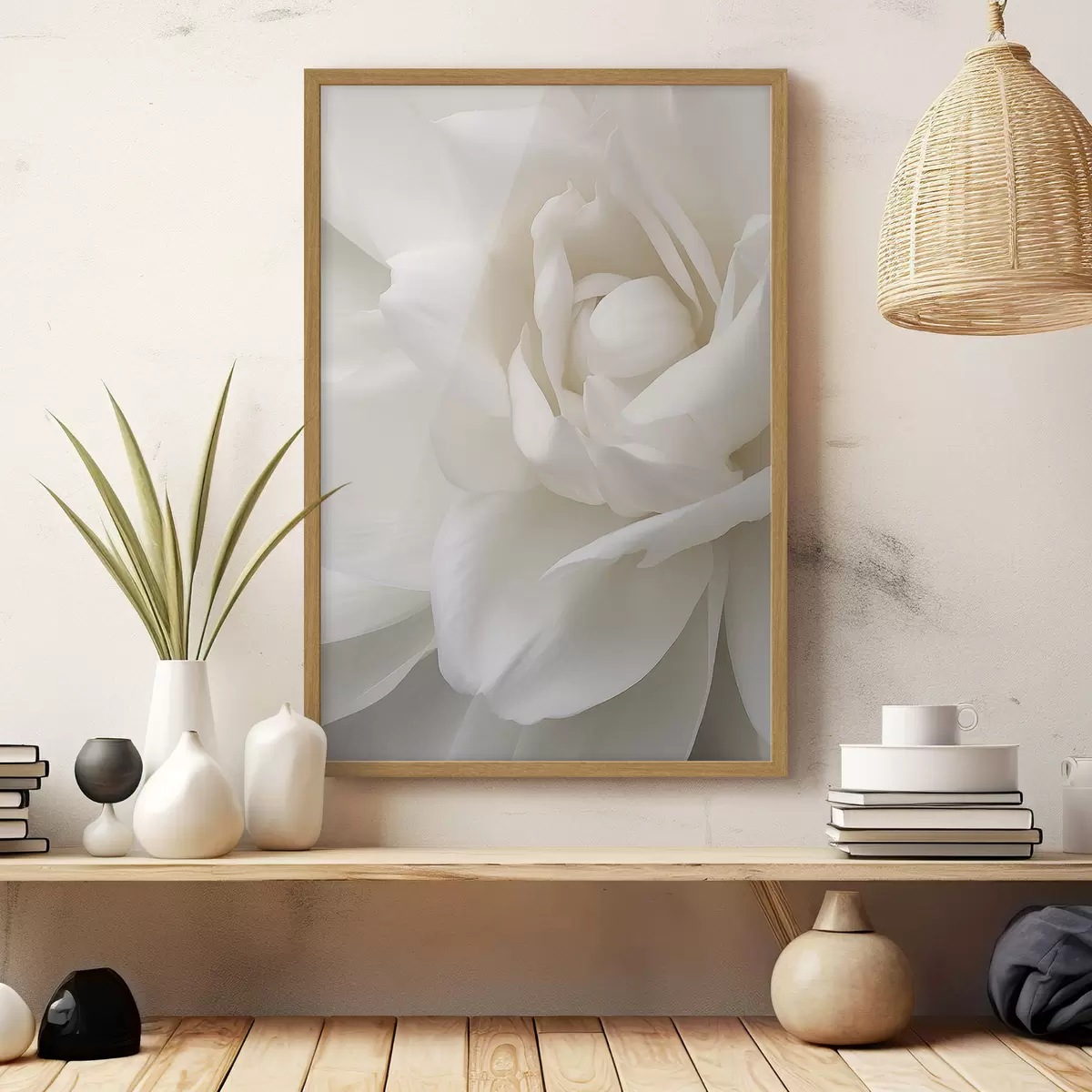 Poster Abstracte witte bloem met delicate, gelaagde bloemblaadjes, minimalistische kunst f47025