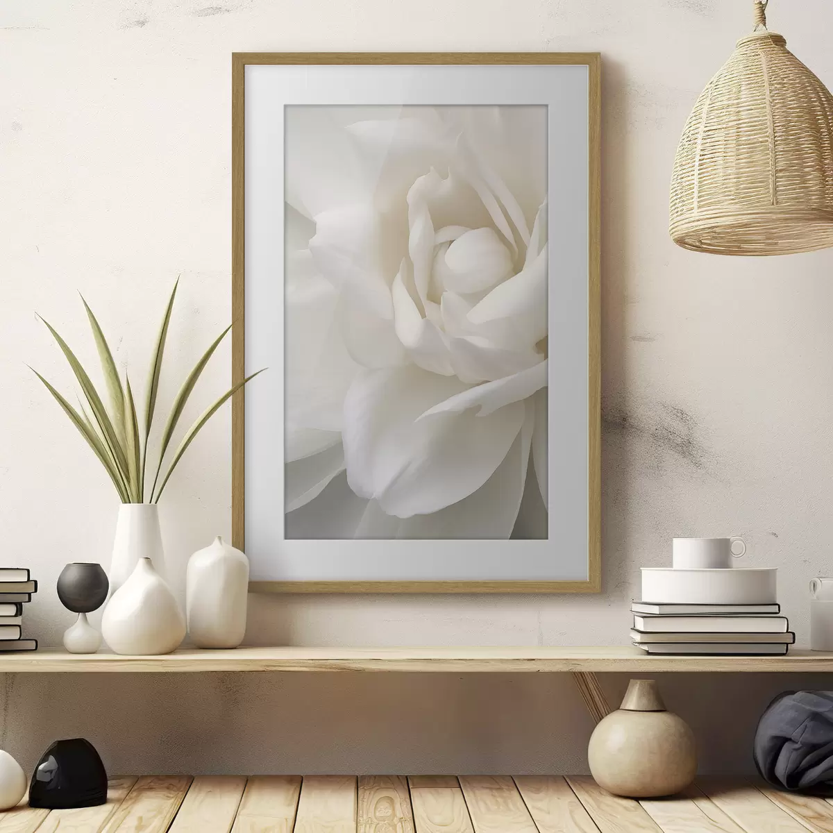 Poster Abstracte witte bloem met delicate, gelaagde bloemblaadjes, minimalistische kunst f47025