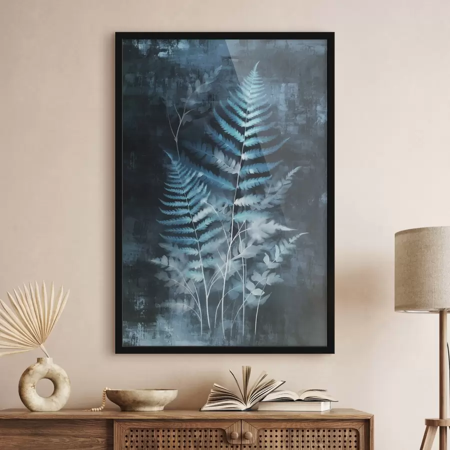 Fotobehang Blauwe varens en planten tegen een donkere, gestructureerde achtergrond, met de nadruk op de ingewikkelde details, röntgeneffect f47026