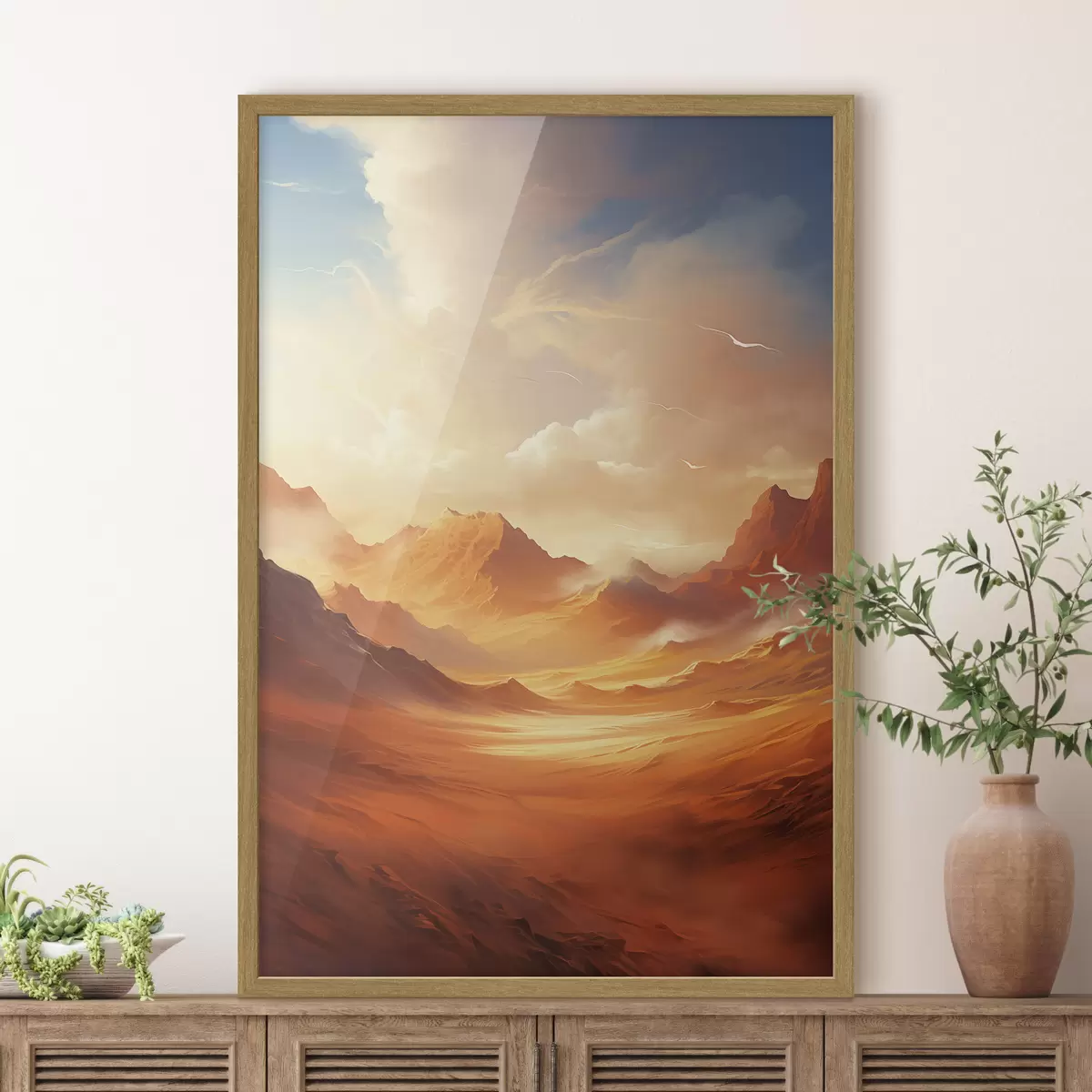 Poster Een uitgestrekt, oranje woestijnlandschap met torenhoge, rotsachtige bergen onder een wazige, zonovergoten hemel met dunne wolken f47028