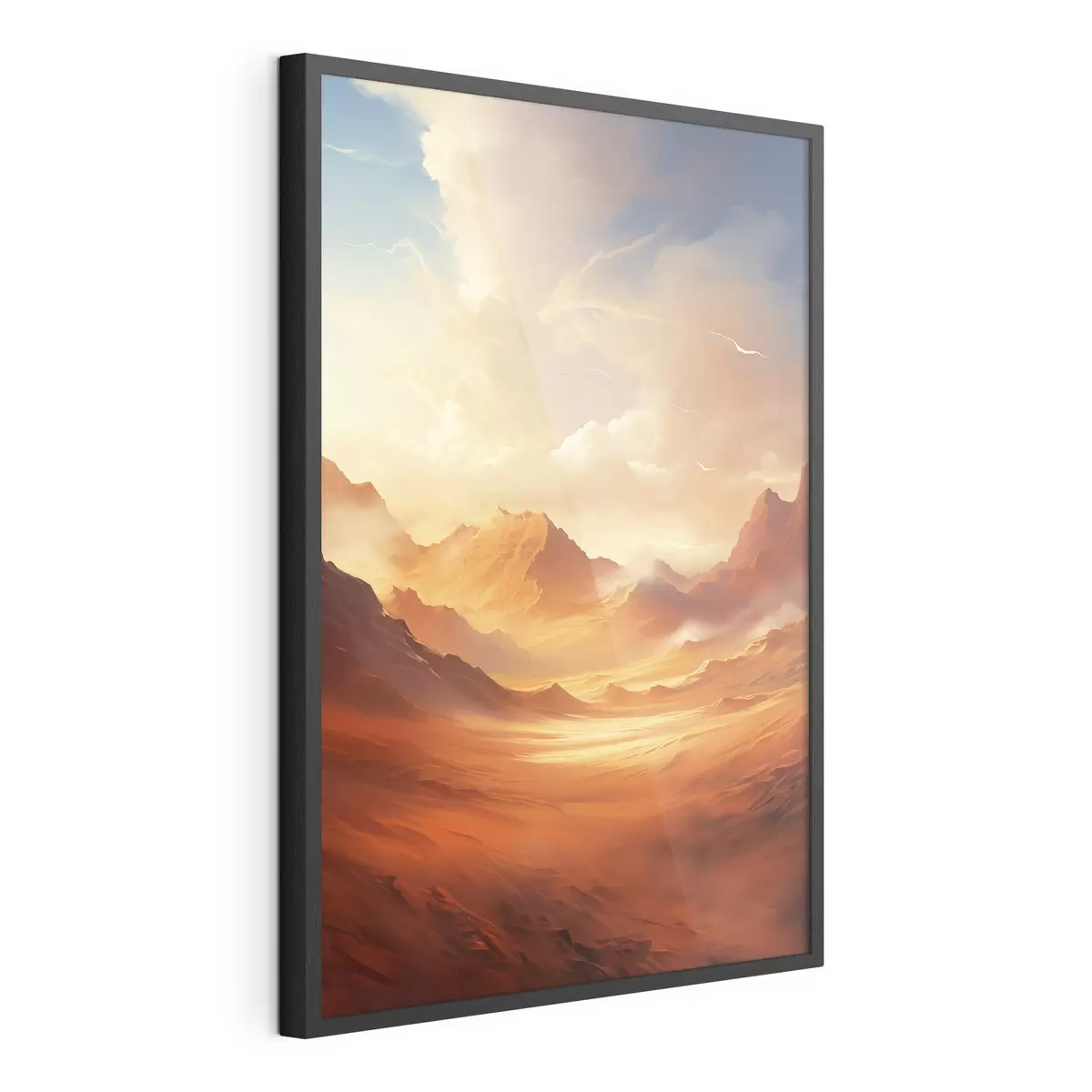 Poster Een uitgestrekt, oranje woestijnlandschap met torenhoge, rotsachtige bergen onder een wazige, zonovergoten hemel met dunne wolken f47028