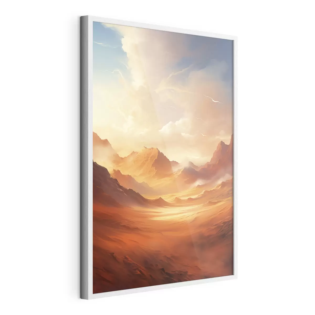 Poster Een uitgestrekt, oranje woestijnlandschap met torenhoge, rotsachtige bergen onder een wazige, zonovergoten hemel met dunne wolken f47028