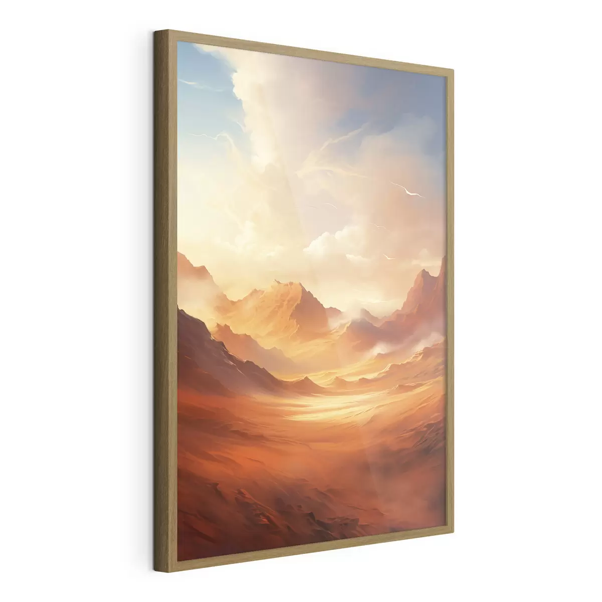 Poster Een uitgestrekt, oranje woestijnlandschap met torenhoge, rotsachtige bergen onder een wazige, zonovergoten hemel met dunne wolken f47028