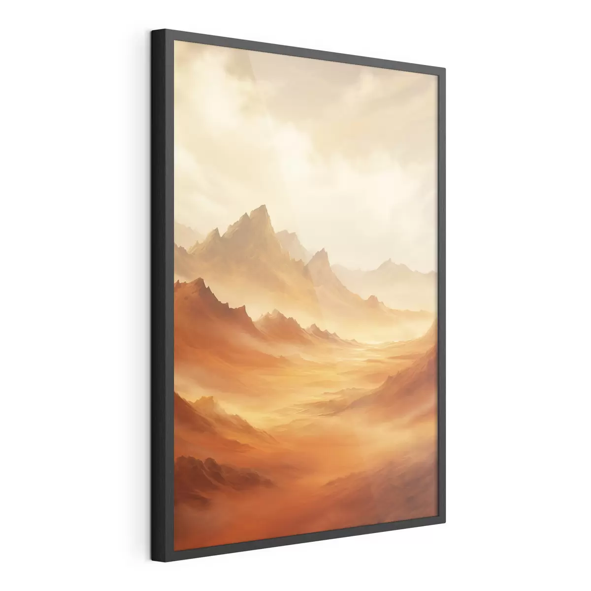 Poster Een uitgestrekt, oranje woestijnlandschap met torenhoge, rotsachtige bergen onder een wazige, zonovergoten hemel met dunne wolken f47029