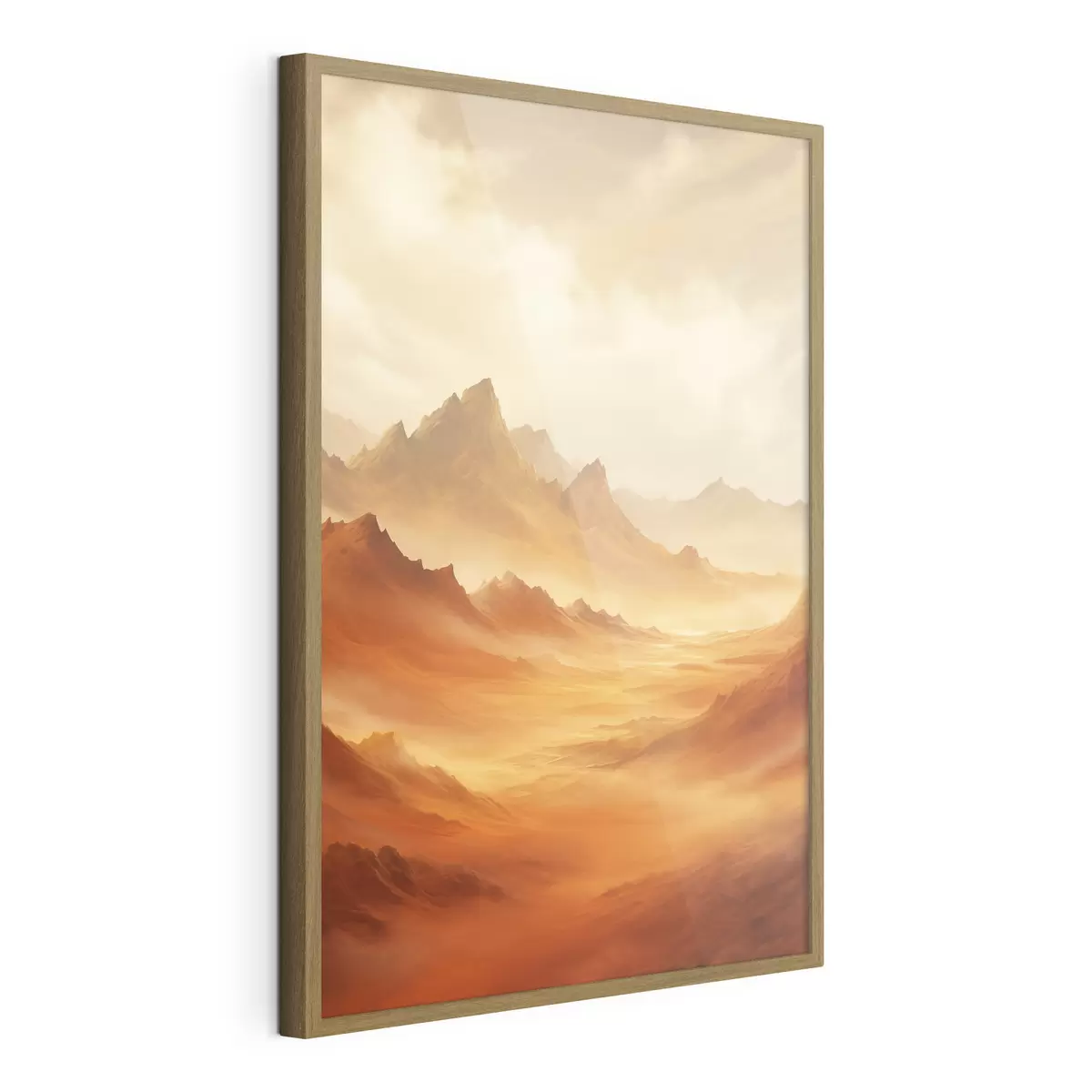 Poster Een uitgestrekt, oranje woestijnlandschap met torenhoge, rotsachtige bergen onder een wazige, zonovergoten hemel met dunne wolken f47029