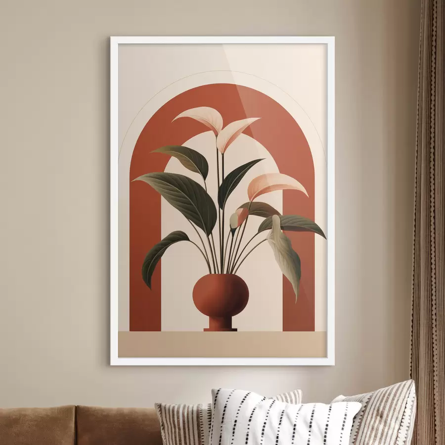 Fotobehang Abstracte potplant met grote groene en beige bladeren voor een crèmekleurige boog met een terracotta accent f47032
