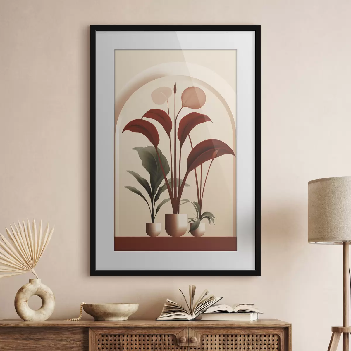 Poster Abstracte potplanten met grote groene en rode bladeren voor een crèmekleurige boog f47033