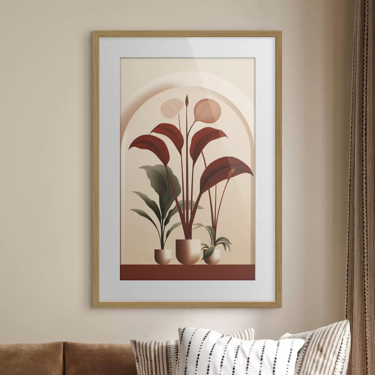 Poster Abstracte potplanten met grote groene en rode bladeren voor een crèmekleurige boog f47033