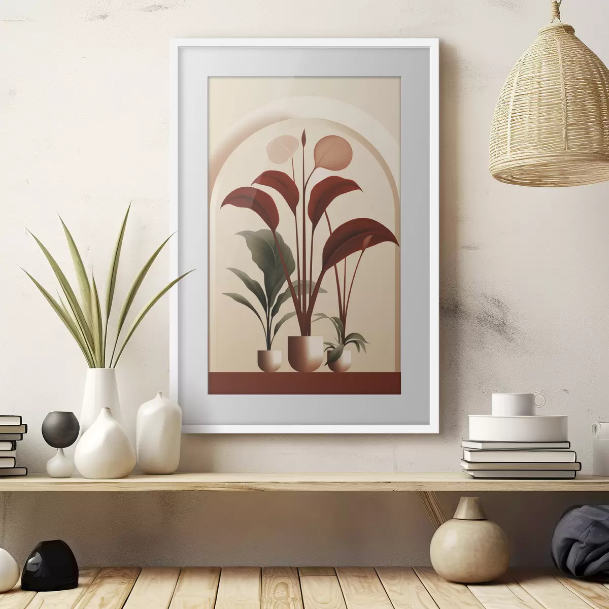 Poster Abstracte potplanten met grote groene en rode bladeren voor een crèmekleurige boog f47033