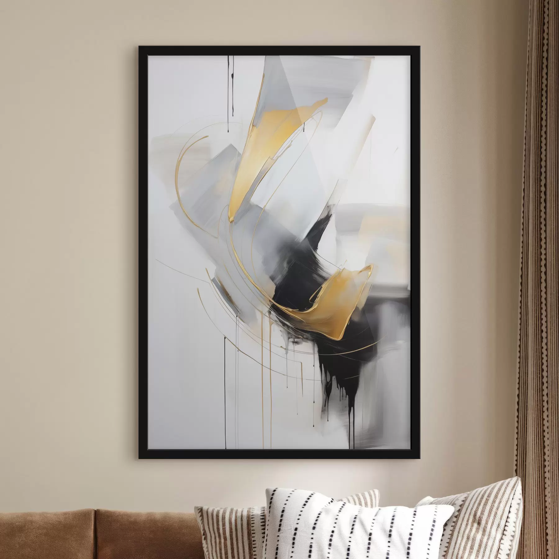 Fotobehang Abstract schilderij met gele en zwart-witte penseelstreken, dynamische lijnen f47034