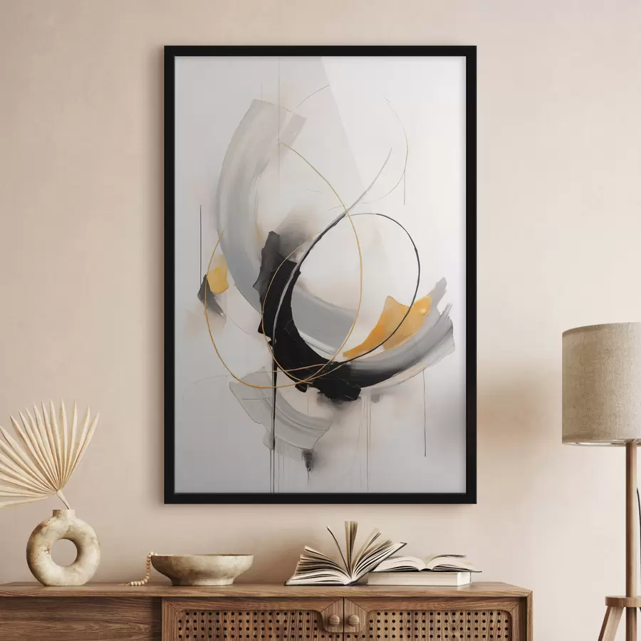 Fotobehang Abstract schilderij met gele en zwart-witte penseelstreken, dynamische lijnen f47035