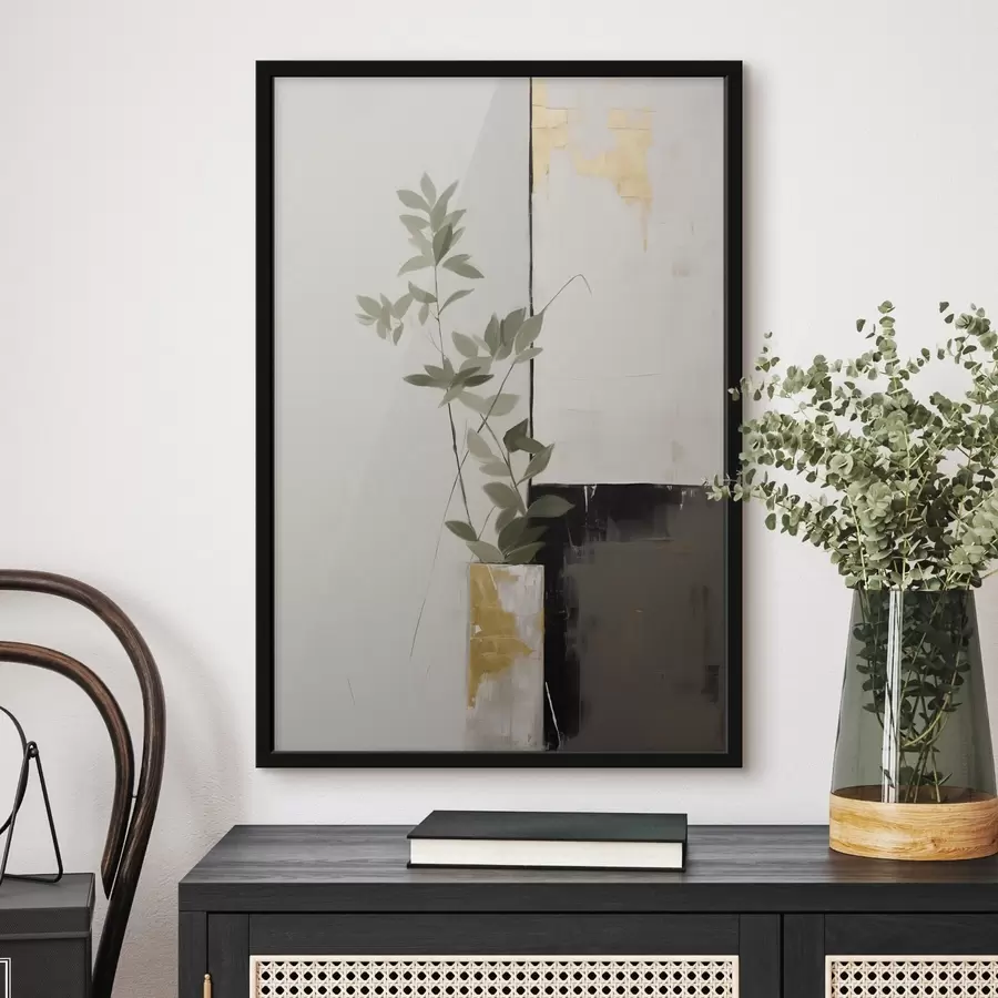 Fotobehang Een minimalistisch schilderij met textuur van een vaas met groene bladeren tegen een achtergrond van abstracte geometrische vormen. f47036