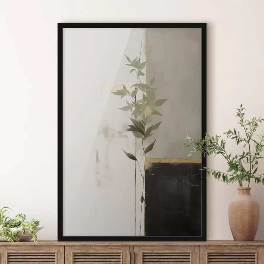 Fotobehang Een minimalistisch schilderij met textuur van een vaas met groene bladeren tegen een achtergrond van abstracte geometrische vormen. f47037