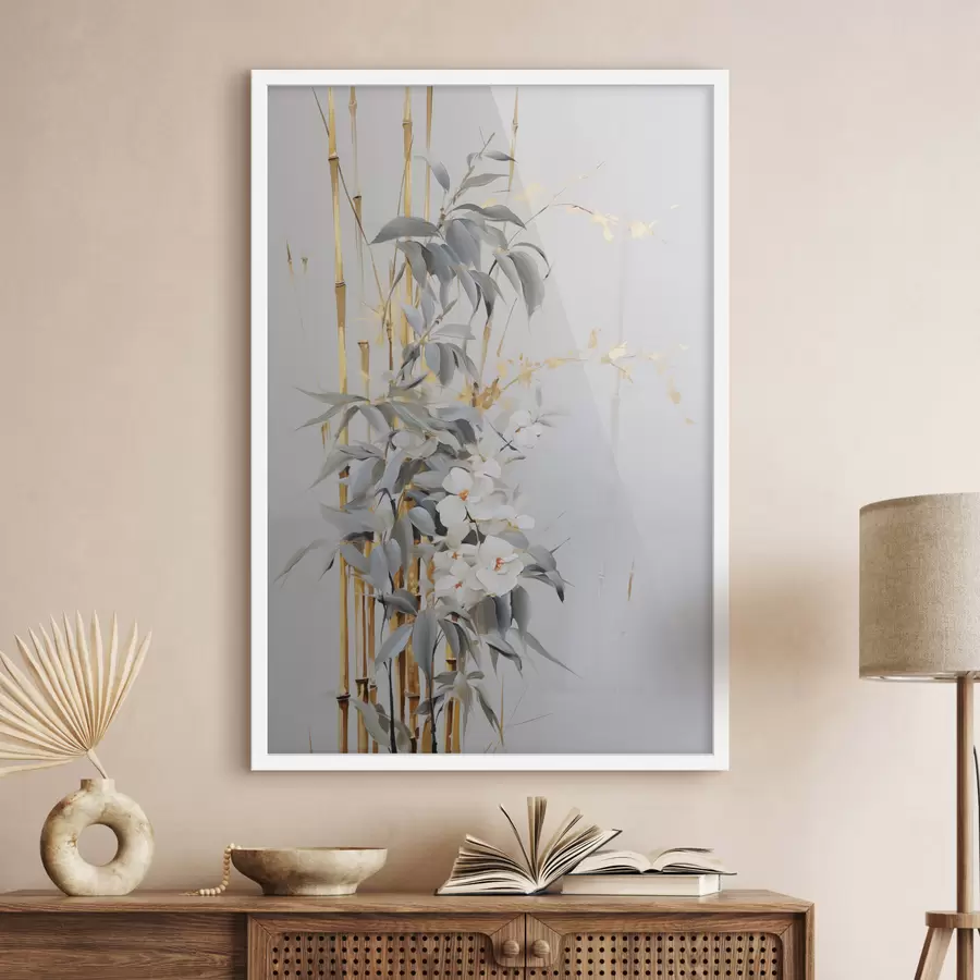 Fotobehang Abstracte bamboestengels met gele accenten, delicate witte bloemen en lichtgroene bladeren, grijze achtergrond f47038