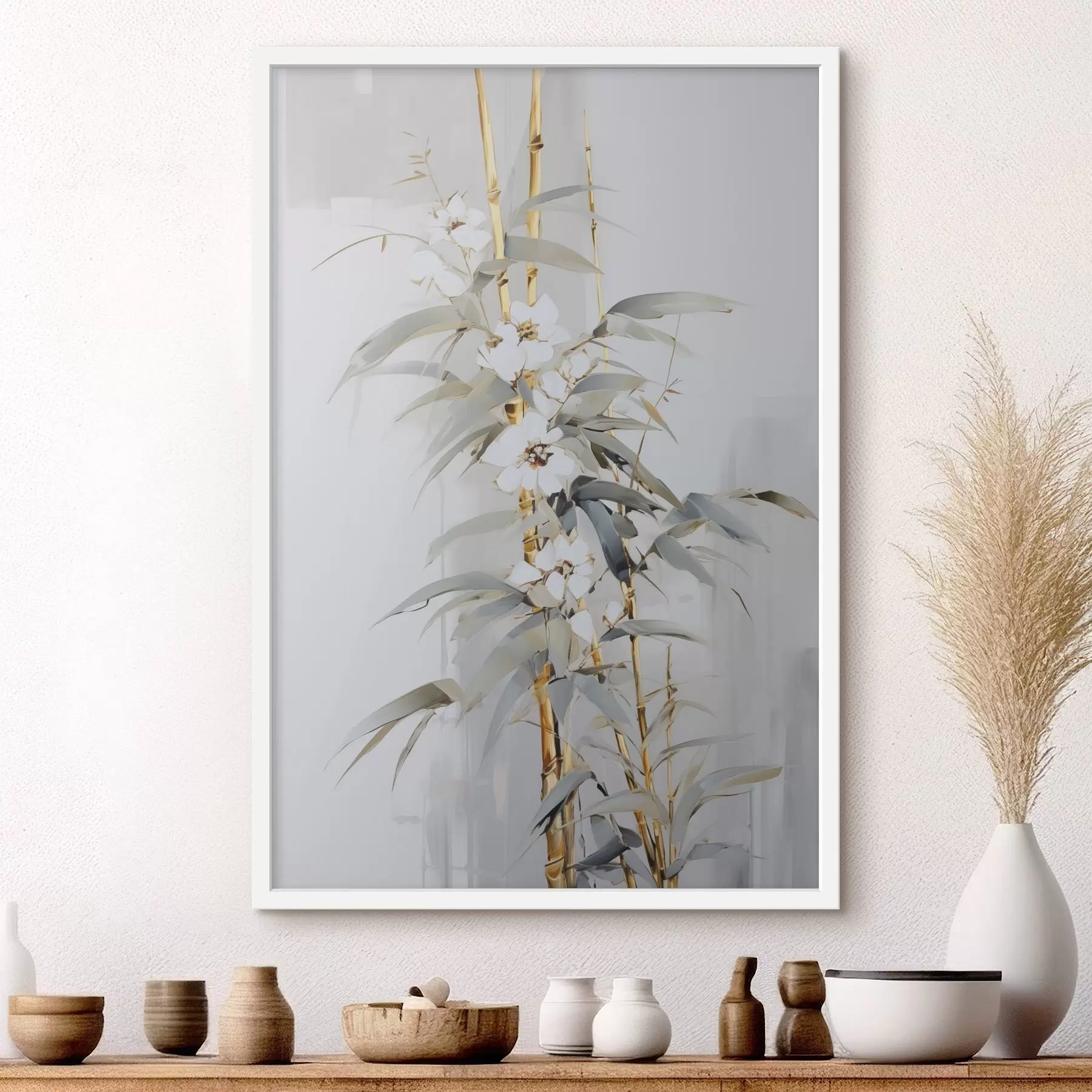 Fotobehang Abstracte bamboestengels met gele accenten, delicate witte bloemen en lichtgroene bladeren, grijze achtergrond f47039