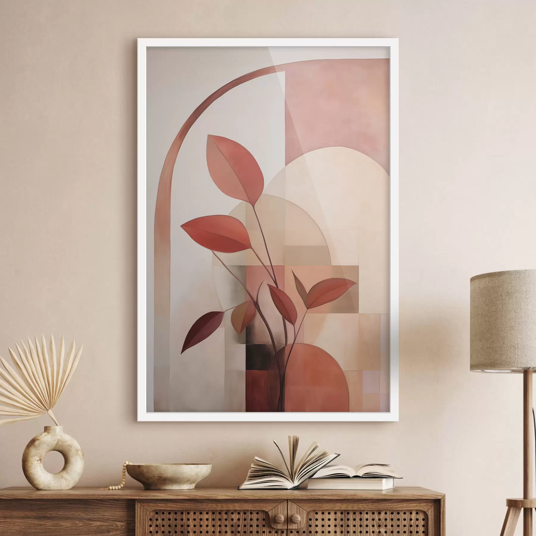 Fotobehang Abstracte plant met rode bladeren tegen een achtergrond van geometrische vormen en zachte, gedempte kleuren f47040