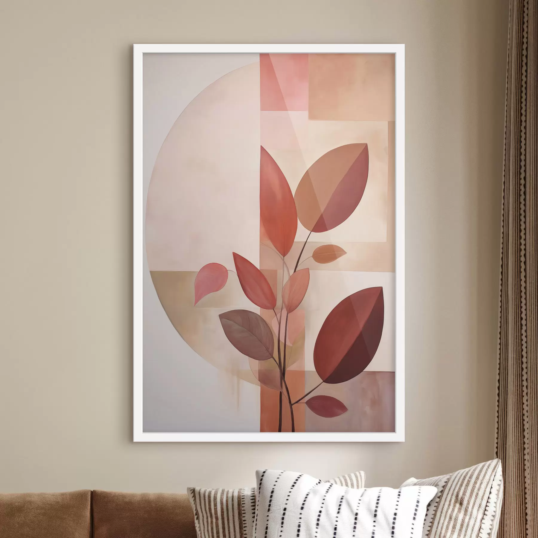 Fotobehang Abstracte plant met rode bladeren tegen een achtergrond van geometrische vormen en zachte, gedempte kleuren f47041