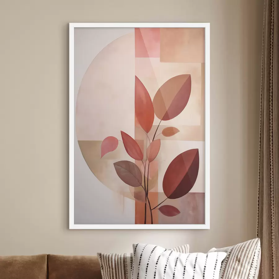 Fotobehang Abstracte plant met rode bladeren tegen een achtergrond van geometrische vormen en zachte, gedempte kleuren f47041