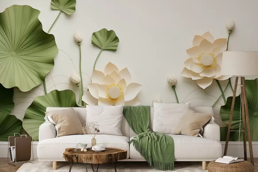Fotobehang 3D-lotusbloemen met groene bladeren met textuur, minimalistische stijl w09560