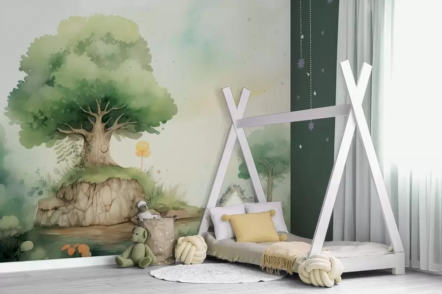 Fotobehang Een sprookjesachtige wereld uit de kindertijd in een groen boslandschap, in aquarelstijl w09566