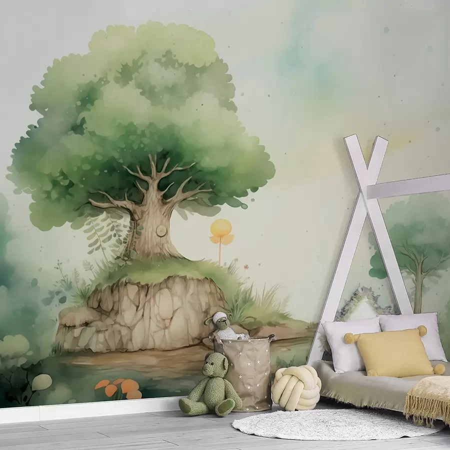 Fotobehang Een sprookjesachtige wereld uit de kindertijd in een groen boslandschap, in aquarelstijl w09566