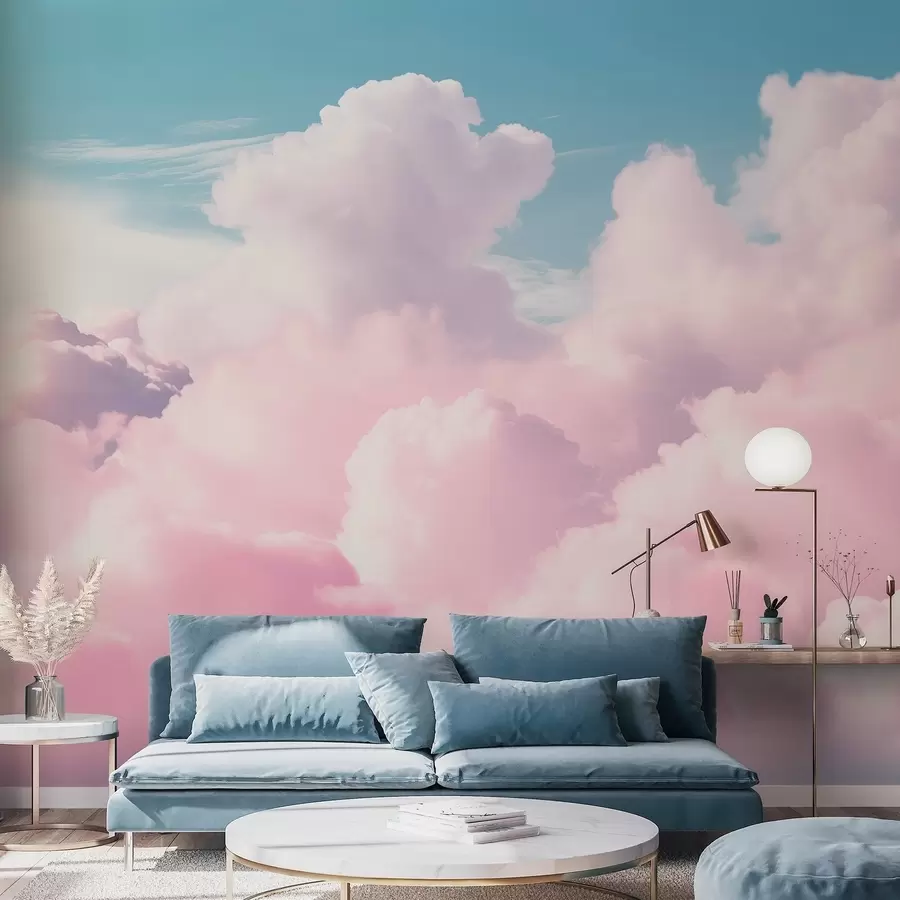 Fotobehang Zachte, luchtige roze wolken in een blauwe lucht w09569