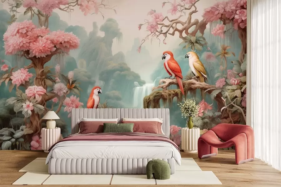 Fotobehang Een sprookjesachtig tropisch bos met papegaaien, bloeiende bomen met roze bloesems en een waterval. w09580