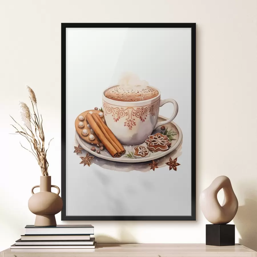Fotobehang Aquarelachtige tekening, koffie met kaneel f46983