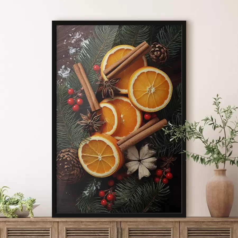 Fotobehang Tekening van fruit, sinaasappel en kaneel f46986