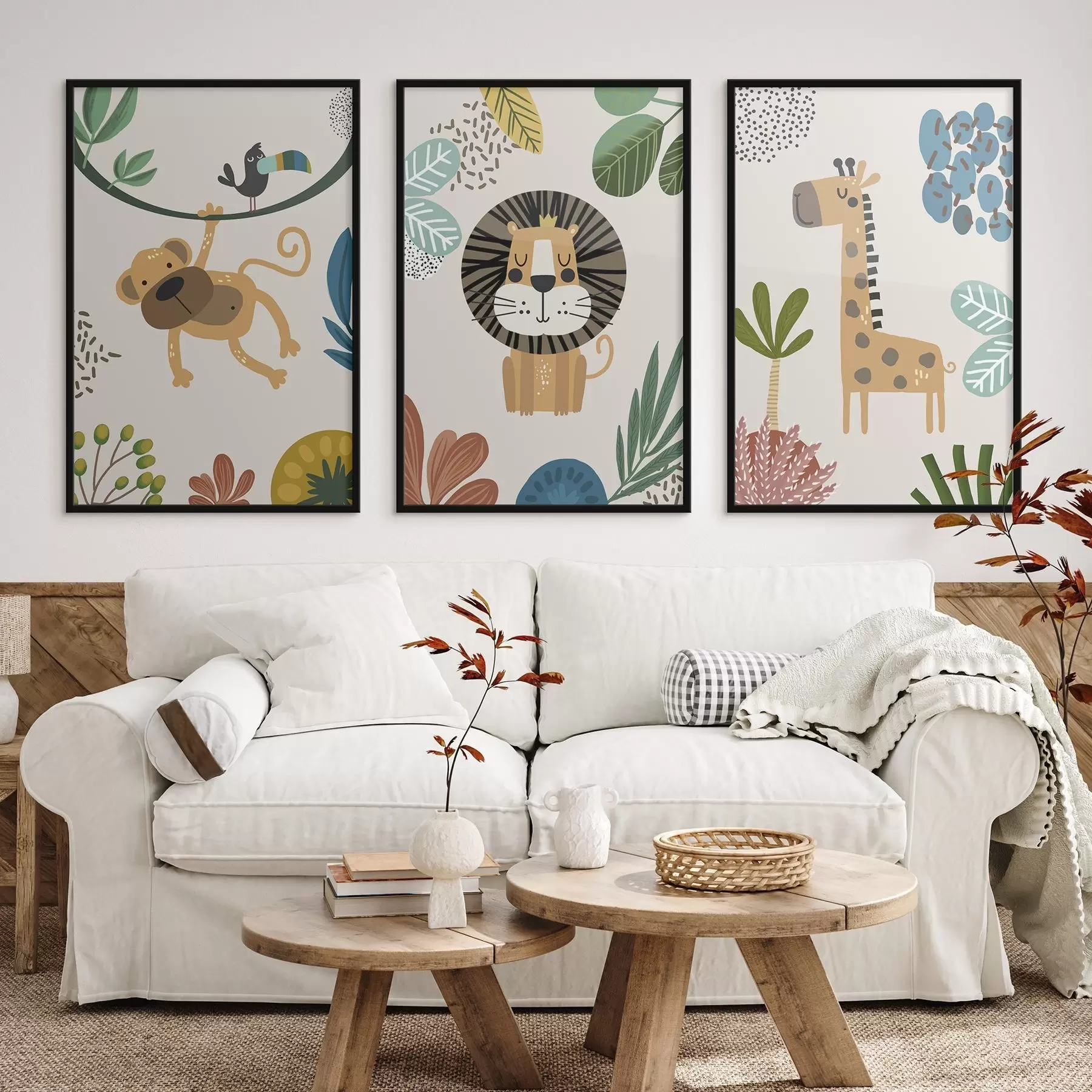 Fotobehang Dieren in de jungle in de stijl van safari, boho: aap, leeuw, giraffe d00332