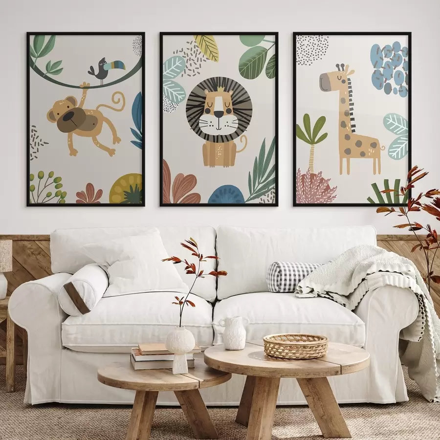 Fotobehang Dieren in de jungle in de stijl van safari, boho: aap, leeuw, giraffe d00332