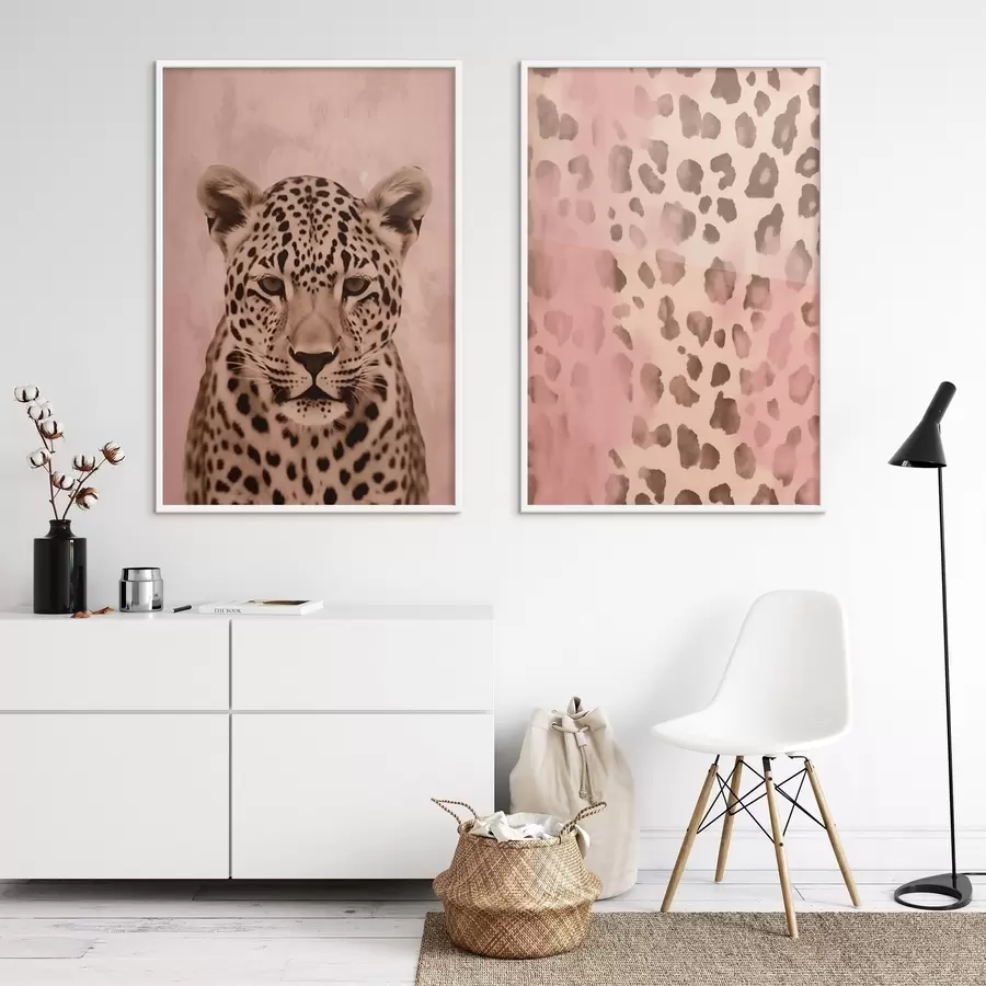 Fotobehang Portret van een jachtluipaard, Abstract patroon met luipaardprint op een roze achtergrond d00402