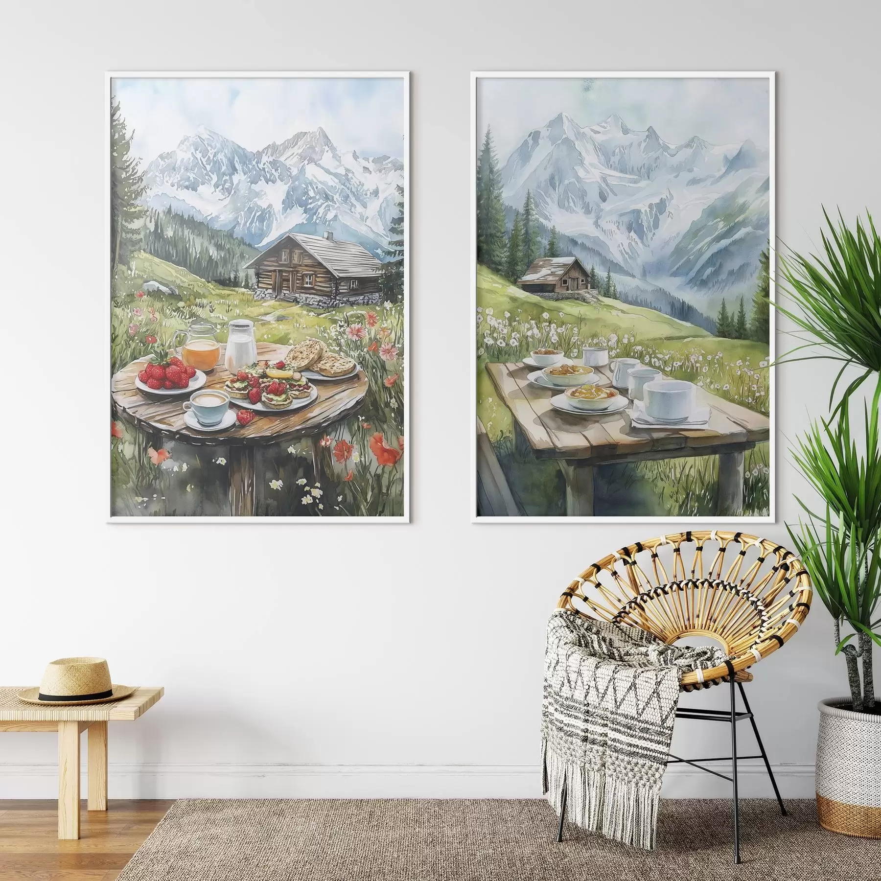 Fotobehang De Alpen, prachtig berglandschap, esthetisch ontbijt, houten huizen d00403