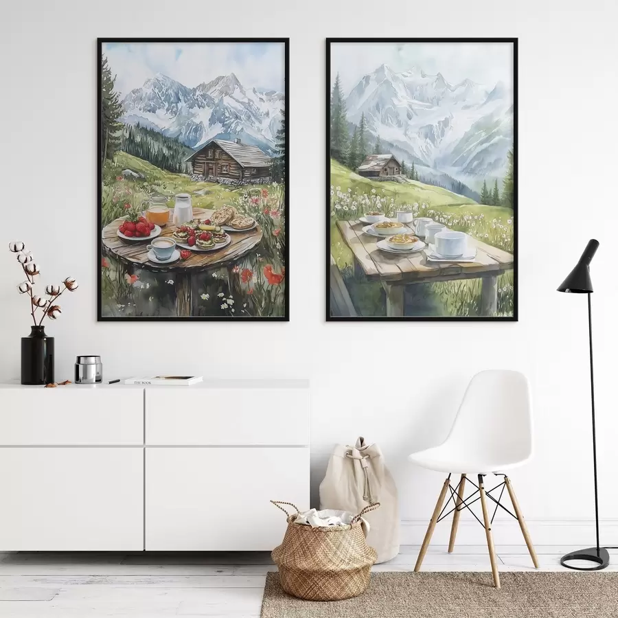 Fotobehang De Alpen, prachtig berglandschap, esthetisch ontbijt, houten huizen d00403