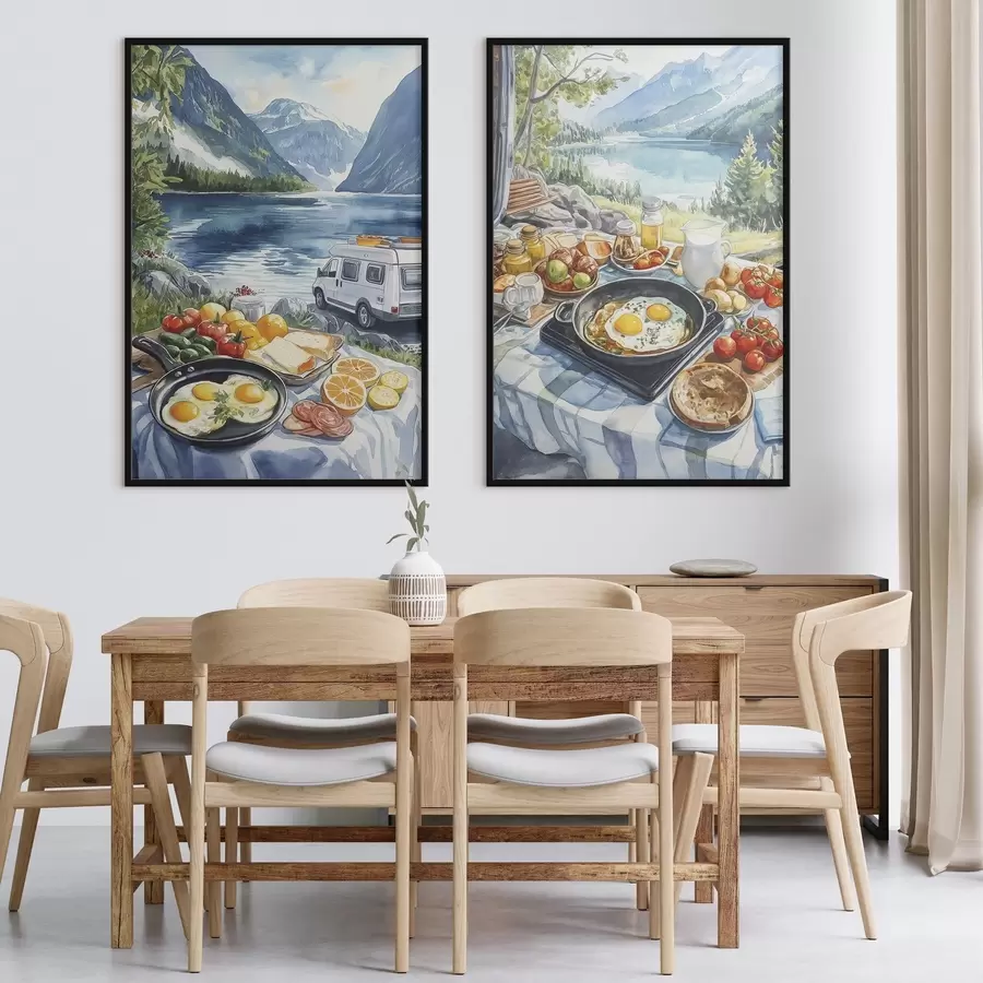 Fotobehang Ontbijt in de natuur, reizen, buitenleven, aquarelstijl, Noorwegen d00404