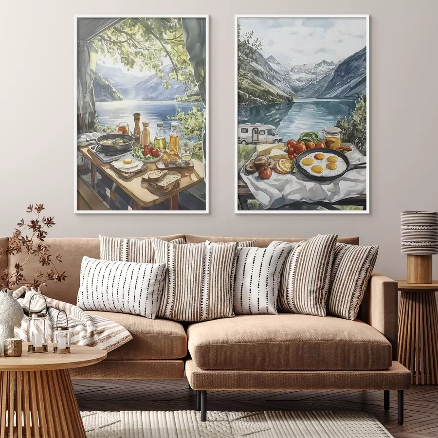 Fotobehang Camping, esthetisch ontbijt bij het meer, aquarelstijl d00405