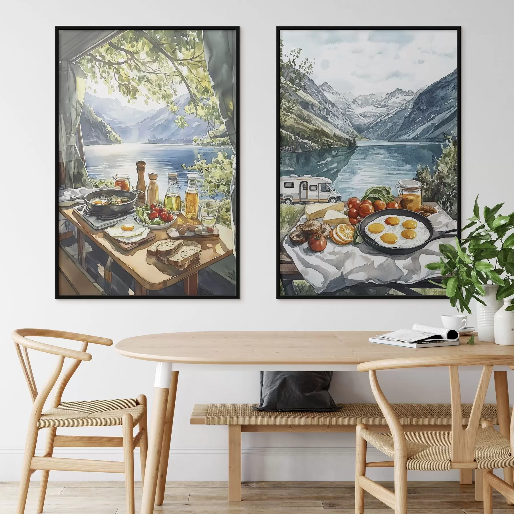 Fotobehang Camping, esthetisch ontbijt bij het meer, aquarelstijl d00405