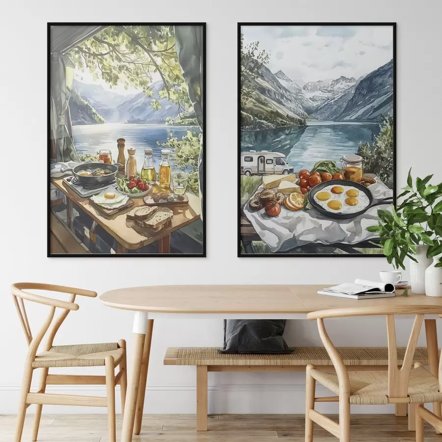 Fotobehang Camping, esthetisch ontbijt bij het meer, aquarelstijl d00405