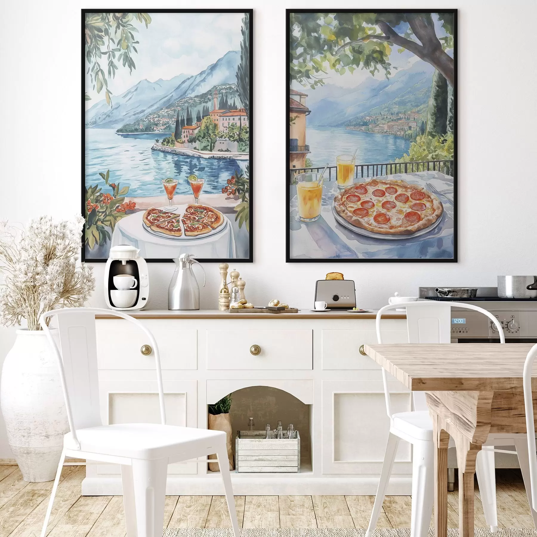 Fotobehang Comomeer, brunch in Italië, aquarelstijl, pizza margarita, zomernatuur d00406