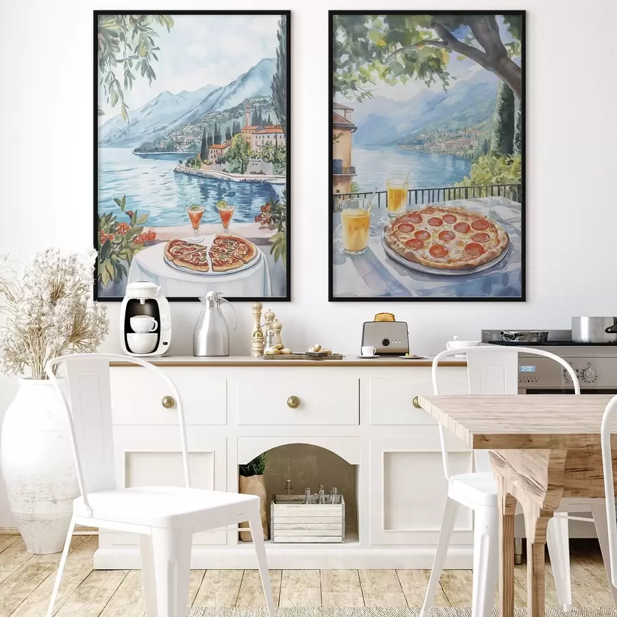 Fotobehang Comomeer, brunch in Italië, aquarelstijl, pizza margarita, zomernatuur d00406