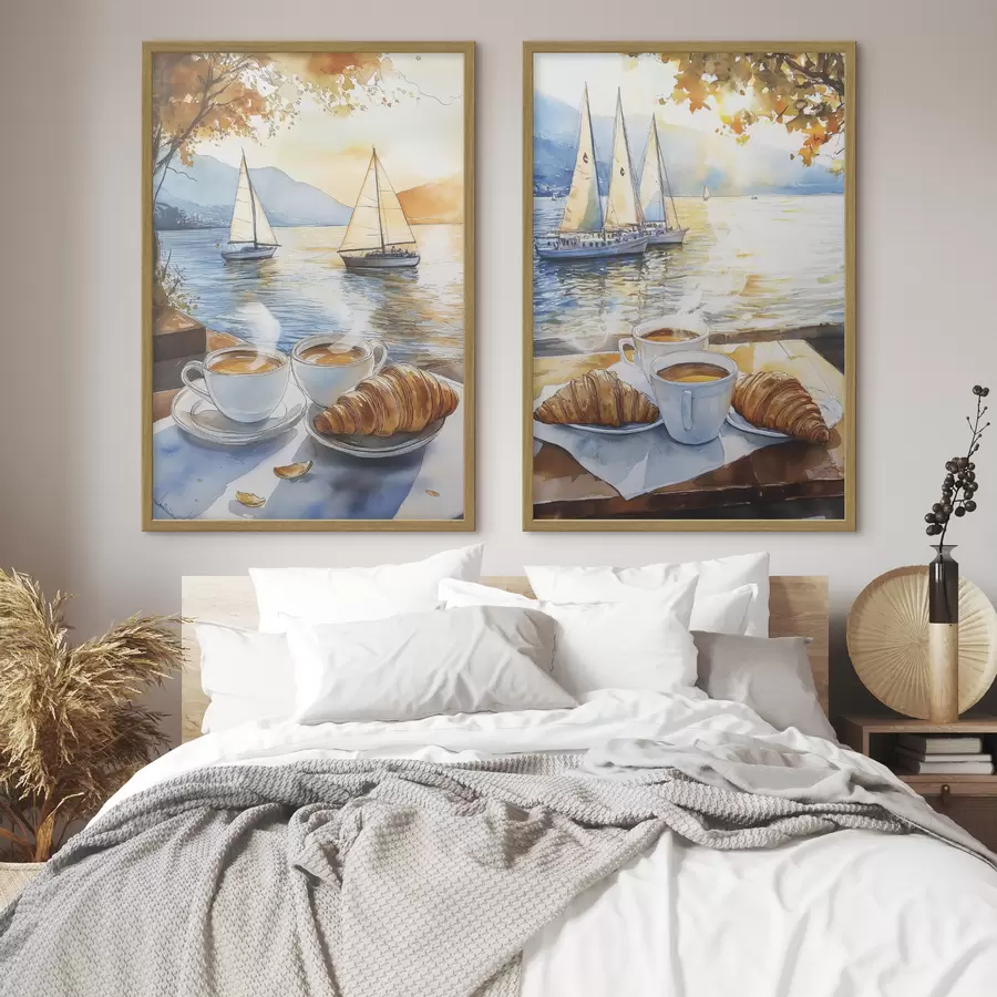 Fotobehang Zonsondergang op het meer met ups van koffie, zeilboten, natuur, reizen d00407