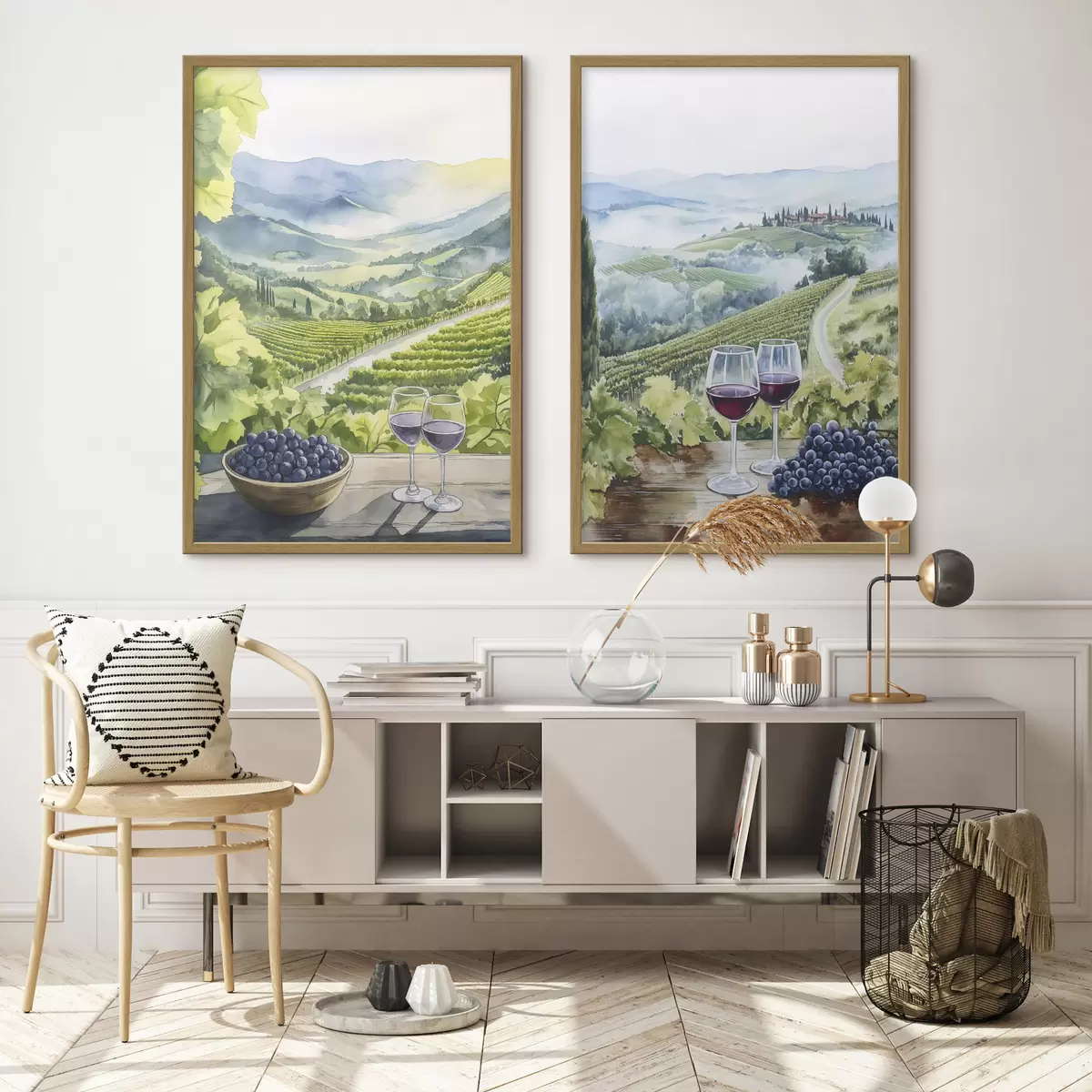 Poster Mooie Toscaanse landschappen, wijngaarden, wijnglazen, aquarel stijl, Italië d00408
