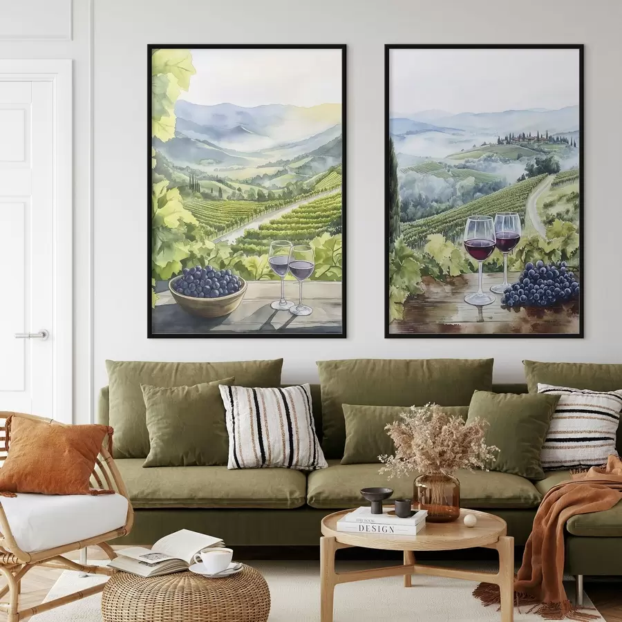 Fotobehang Mooie Toscaanse landschappen, wijngaarden, wijnglazen, aquarel stijl, Italië d00408