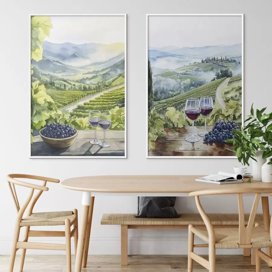 Fotobehang Mooie Toscaanse landschappen, wijngaarden, wijnglazen, aquarel stijl, Italië d00408
