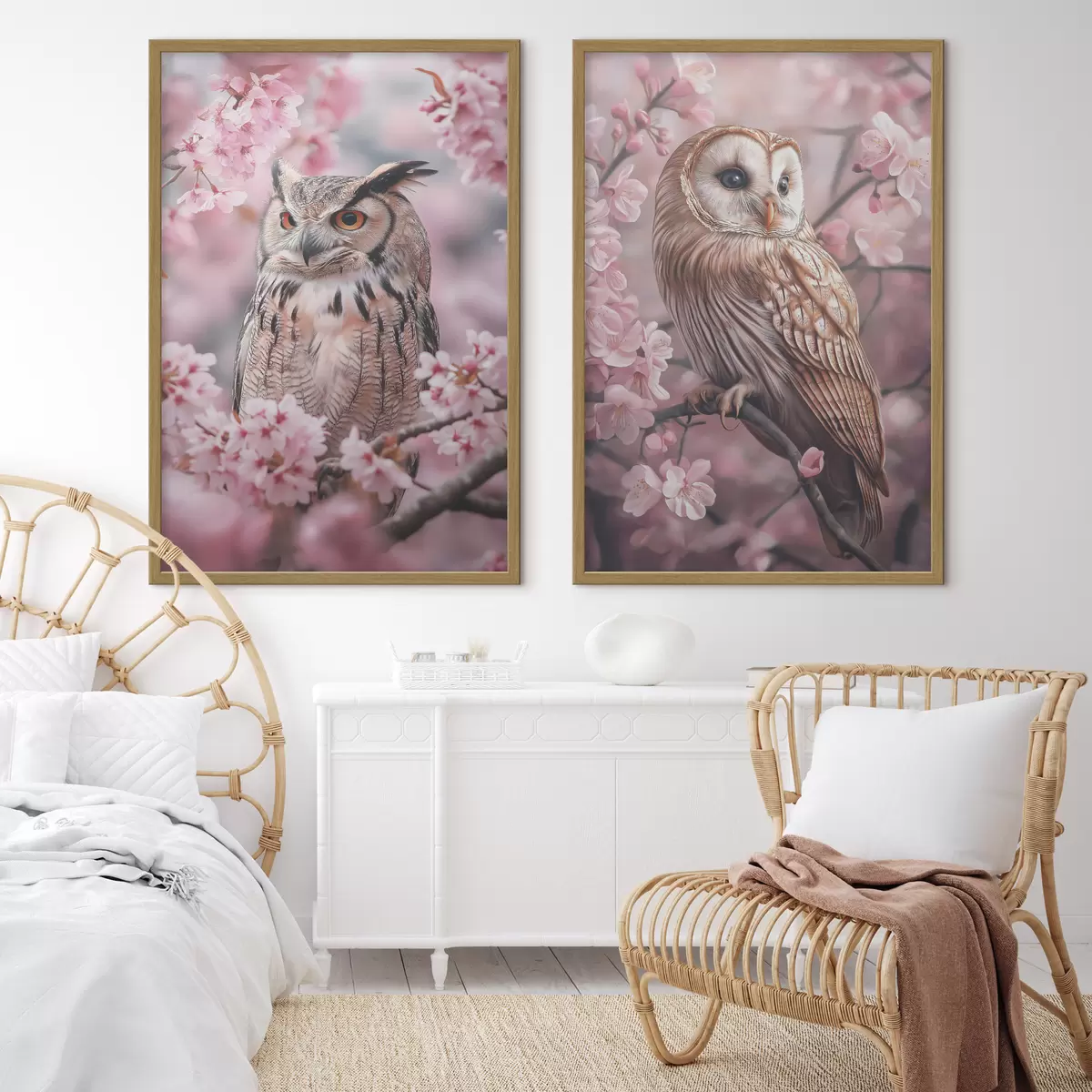 Poster Uilen op de kersenboom, roze bloemen, realisme, natuur d00411