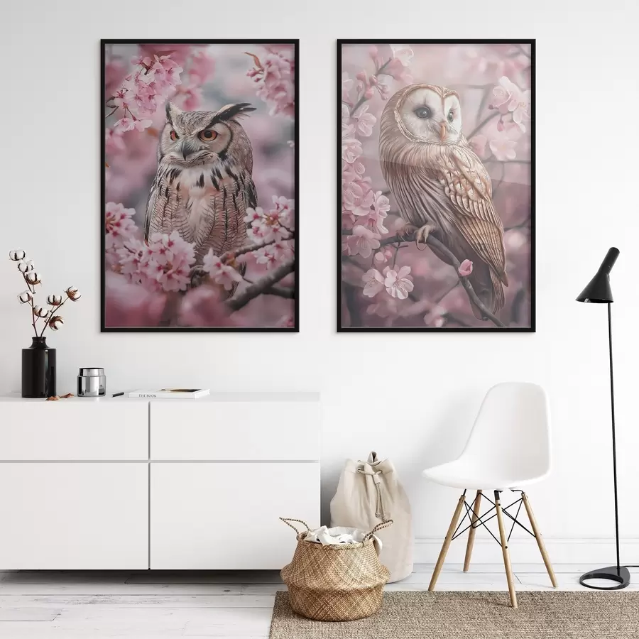 Fotobehang Uilen op de kersenboom, roze bloemen, realisme, natuur d00411