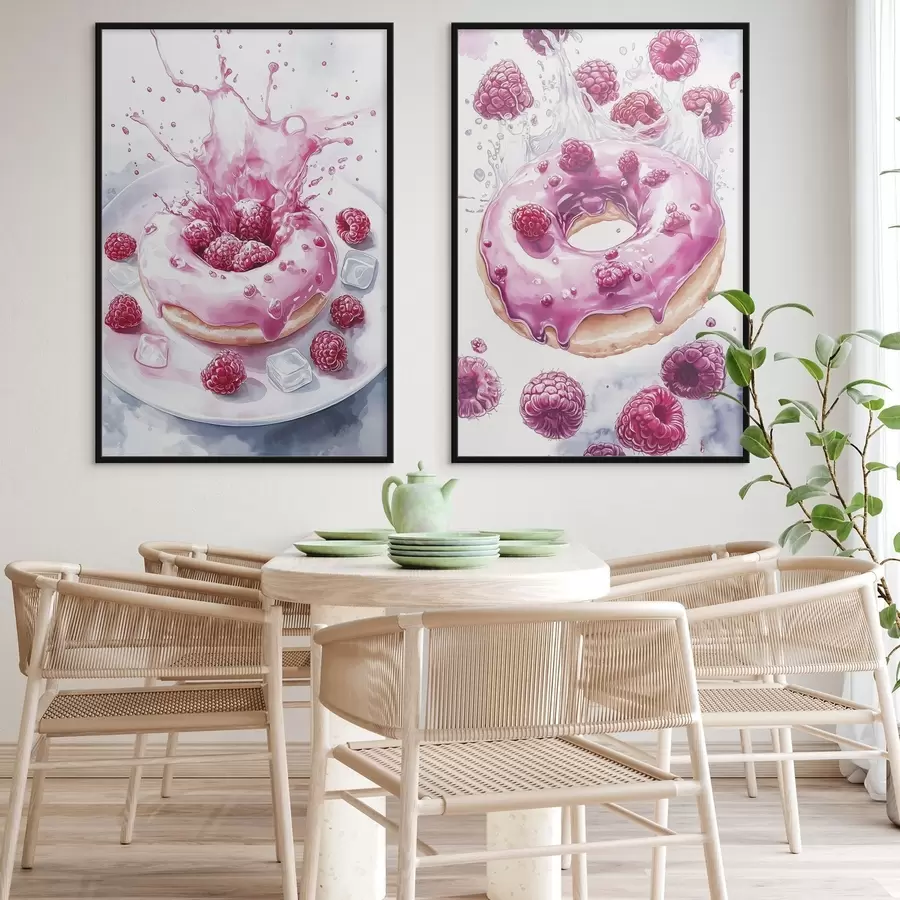 Fotobehang Heerlijke donuts in aquarelstijl met frambozen, roze kleuren d00412